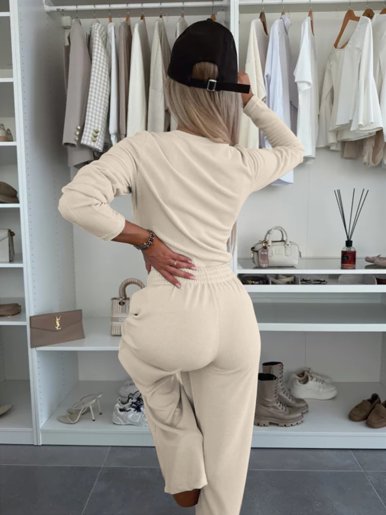 Women's Fashion Solid Color Round Neck Long Sleeve Casual Two Piece Pants Set