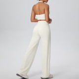 Women Solid Halter Neck Top and Wide-Leg Pants Yoga Sports Running Fitness Two-Piece Set
