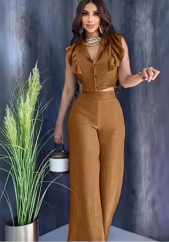 Women's Fashion Solid Button-Down Top Pants Two-Piece Set