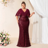 Autumn Winter Women's Chic Career Formal Plus Size Chiffon Patchwork Sequin V-Neck Short Sleeve Evening Gown