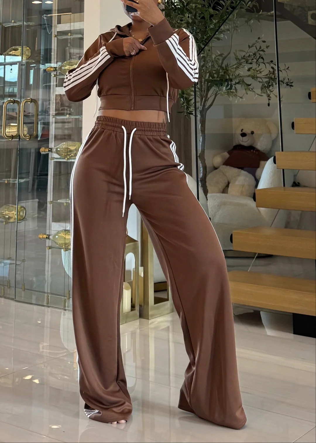 Women's Tape Wide Leg Pants Slim Fit Jacket Sport Set