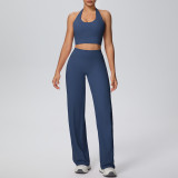Women Solid Halter Neck Top and Wide-Leg Pants Yoga Sports Running Fitness Two-Piece Set