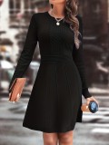 Autumn Winter Women's Chic Solid Round Neck Slim Elegant Knitting A-Line Dress