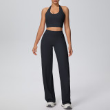 Women Solid Halter Neck Top and Wide-Leg Pants Yoga Sports Running Fitness Two-Piece Set