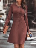 Autumn Winter Women's Chic Solid Round Neck Slim Elegant Knitting A-Line Dress