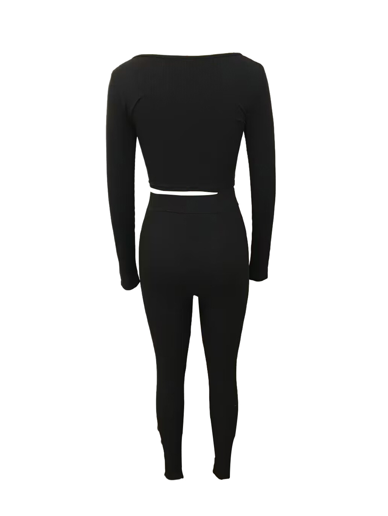 Women Autumn/Winter Solid Ribbed U-Neck Sporty Long-Sleeve Top and Pants Set