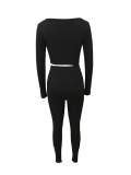 Women Autumn/Winter Solid Ribbed U-Neck Sporty Long-Sleeve Top and Pants Set