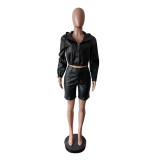 Women's Leather Hooded Long Sleeve Shorts Set