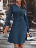 Autumn Winter Women's Chic Solid Round Neck Slim Elegant Knitting A-Line Dress