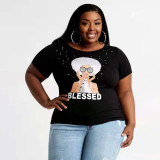 Plus Size Women Summer Letter Portrait Print Round Neck T-Shirt