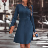 Autumn Winter Women's Chic Solid Round Neck Slim Elegant Knitting A-Line Dress