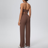 Women Solid Halter Neck Top and Wide-Leg Pants Yoga Sports Running Fitness Two-Piece Set