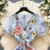 Women Summer French V-Neck Lantern Sleeve Embroidered Mesh Puff Sleeve Dress