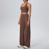 Women Solid Halter Neck Top and Wide-Leg Pants Yoga Sports Running Fitness Two-Piece Set
