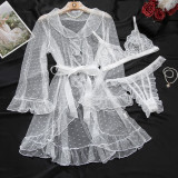 Women's Sexy Polka Dot See-Through Lace Ruffle Robe Three-Piece Lingerie