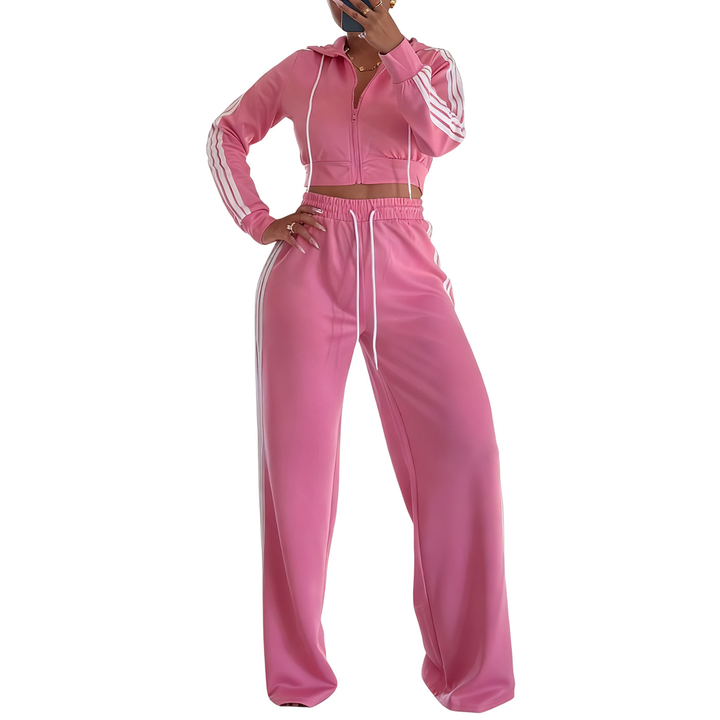 Women's Tape Wide Leg Pants Slim Fit Jacket Sport Set