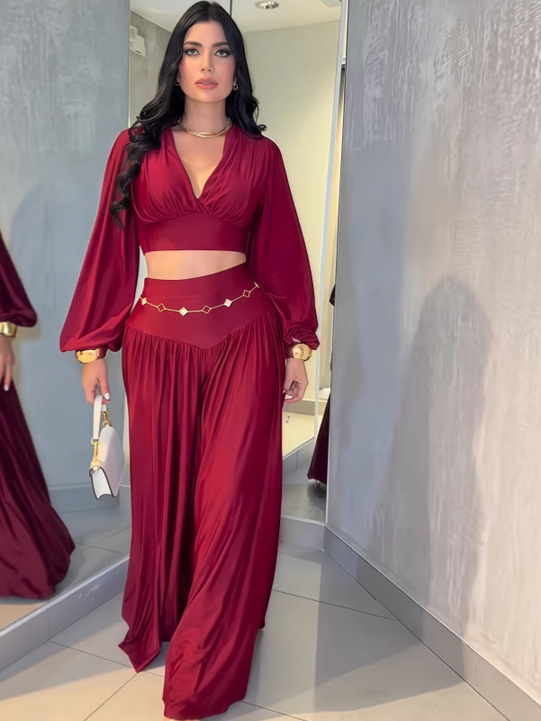 Summer Women's Pleated Cropped Top Wide Leg Pants Two-Piece Set