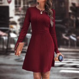 Autumn Winter Women's Chic Solid Round Neck Slim Elegant Knitting A-Line Dress