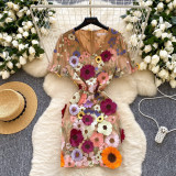 Women Summer French V-Neck Lantern Sleeve Embroidered Mesh Puff Sleeve Dress