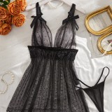 Women's Sexy Black Polka Dot Mesh Lace Patchwork See-Through Thong Strap Nightdress Set