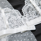 Women's Sexy Polka Dot See-Through Lace Ruffle Robe Three-Piece Lingerie