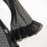 Women's Sexy Polka Dot See-Through Lace Ruffle Robe Three-Piece Lingerie