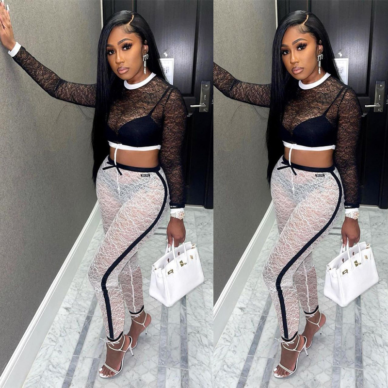Autumn Women's Sexy Lace Long Sleeve Crop Two-Piece Pants Set