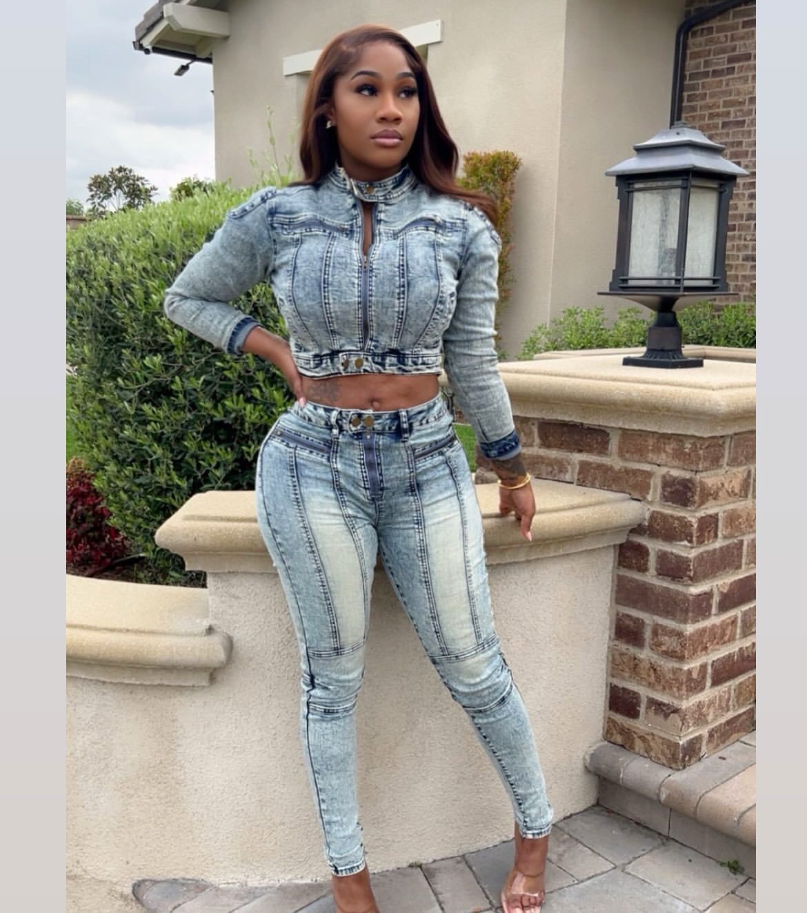 Women's Fashion Sexy Casual High Stretch Patchwork Washed Denim Two-Piece Pants Set