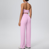 Women Solid Halter Neck Top and Wide-Leg Pants Yoga Sports Running Fitness Two-Piece Set