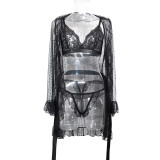 Women's Sexy Polka Dot See-Through Lace Ruffle Robe Three-Piece Lingerie