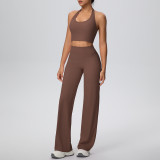 Women Solid Halter Neck Top and Wide-Leg Pants Yoga Sports Running Fitness Two-Piece Set