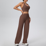 Women Solid Halter Neck Top and Wide-Leg Pants Yoga Sports Running Fitness Two-Piece Set