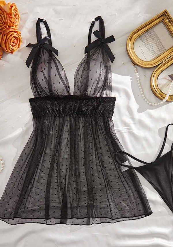 Women's Sexy Black Polka Dot Mesh Lace Patchwork See-Through Thong Strap Nightdress Set