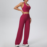 Women Solid Halter Neck Top and Wide-Leg Pants Yoga Sports Running Fitness Two-Piece Set