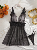 Women's Sexy Black Polka Dot Mesh Lace Patchwork See-Through Thong Strap Nightdress Set