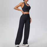 Women Solid Halter Neck Top and Wide-Leg Pants Yoga Sports Running Fitness Two-Piece Set