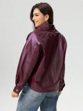 Women's Burgundy Slim Waist Short Turndown Collar Metal Button PU Leather Jacket