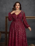 Plus Size Women's Elegant Sequin Pleated V-Neck Long Sleeve Evening Dress