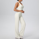 Women Solid Halter Neck Top and Wide-Leg Pants Yoga Sports Running Fitness Two-Piece Set