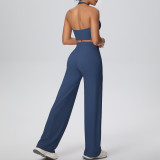 Women Solid Halter Neck Top and Wide-Leg Pants Yoga Sports Running Fitness Two-Piece Set