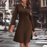 Autumn Winter Women's Chic Solid Round Neck Slim Elegant Knitting A-Line Dress