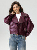 Women's Burgundy Slim Waist Short Turndown Collar Metal Button PU Leather Jacket