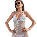 Summer Women's Sexy Solid Mesh Beach Bikini Cover-Up Dress