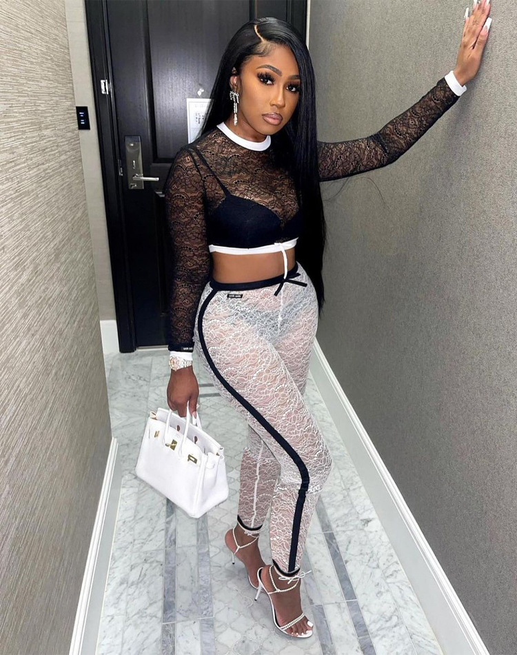 Autumn Women's Sexy Lace Long Sleeve Crop Two-Piece Pants Set