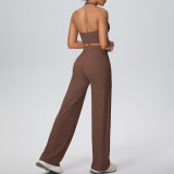 Women Solid Halter Neck Top and Wide-Leg Pants Yoga Sports Running Fitness Two-Piece Set