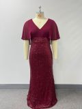 Autumn Winter Women's Chic Career Formal Plus Size Chiffon Patchwork Sequin V-Neck Short Sleeve Evening Gown