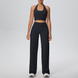 Women Solid Halter Neck Top and Wide-Leg Pants Yoga Sports Running Fitness Two-Piece Set