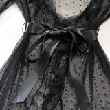 Women's Sexy Polka Dot See-Through Lace Ruffle Robe Three-Piece Lingerie