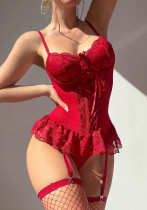 Women's Sexy Valentine's Day Lace See-Through Temptation Red Bodysuit Lingerie