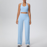 Women Solid Halter Neck Top and Wide-Leg Pants Yoga Sports Running Fitness Two-Piece Set